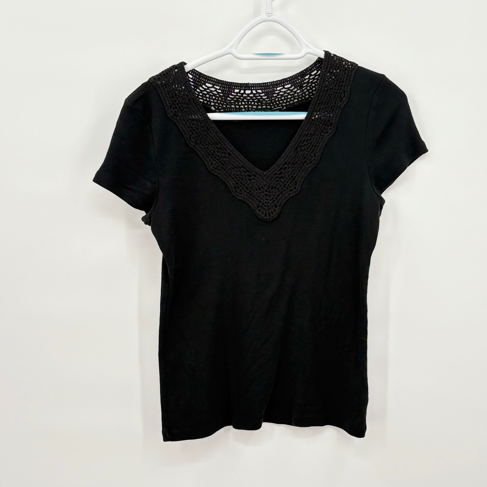 Lauren Ralph Lauren Black Crochet V-Neck Cotton Tee Top Petite Large PL